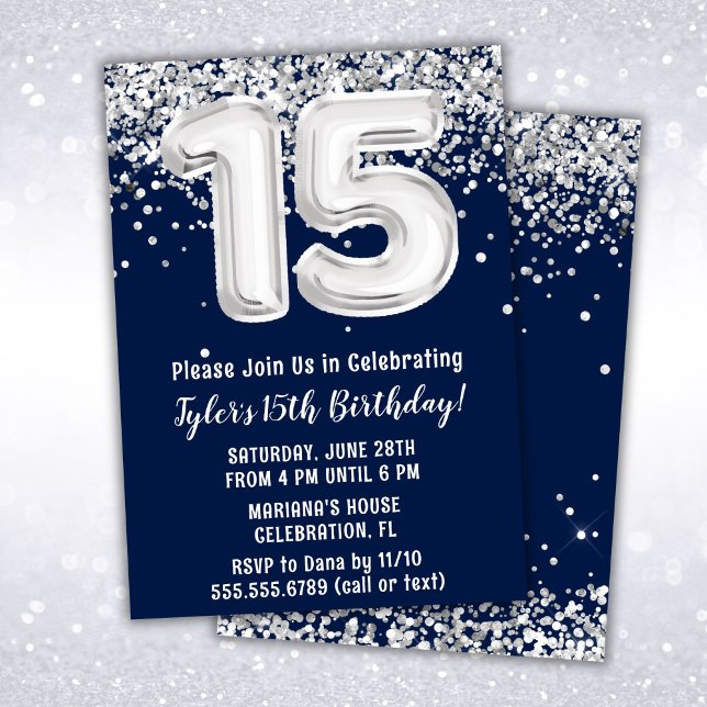 Invitación Fiesta de cumpleaños número 15 de Navy Blue Silver (Subido por el creador)