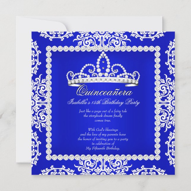 Invitación Fiesta de cumpleaños número 15 de Royal Blue Quinc (Anverso)