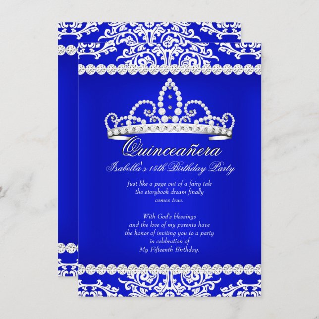 Invitación Fiesta de cumpleaños número 15 de Royal Blue Quinc (Anverso / Reverso)