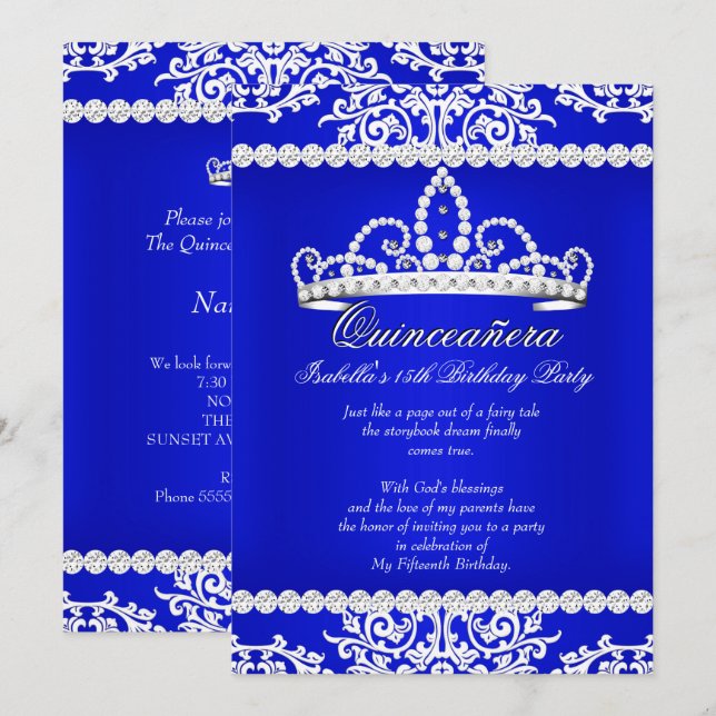 Invitación Fiesta de cumpleaños número 15 de Royal Blue Quinc (Anverso / Reverso)