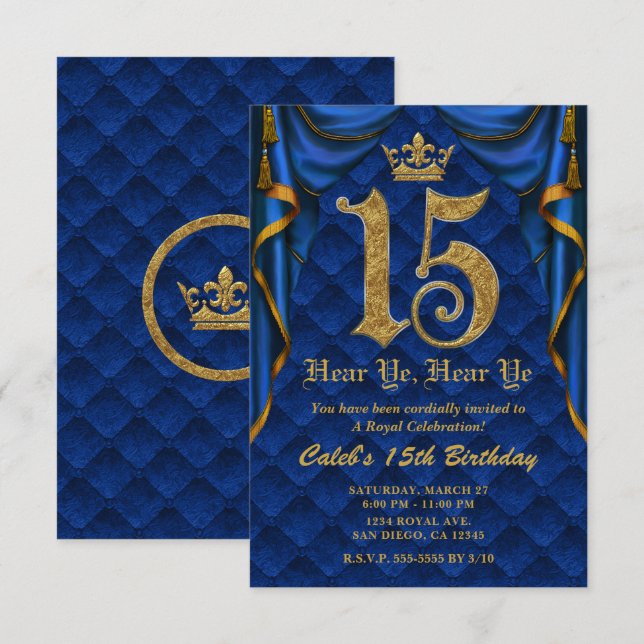 Invitación Fiesta de cumpleaños número 15 Royal Blue Gold Cro (Anverso / Reverso)