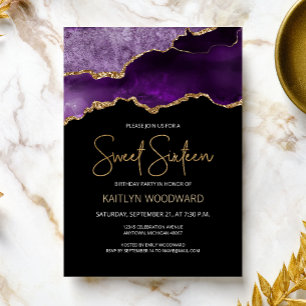 Invitación Fiesta de cumpleaños número 16 Agate Purple Gold D