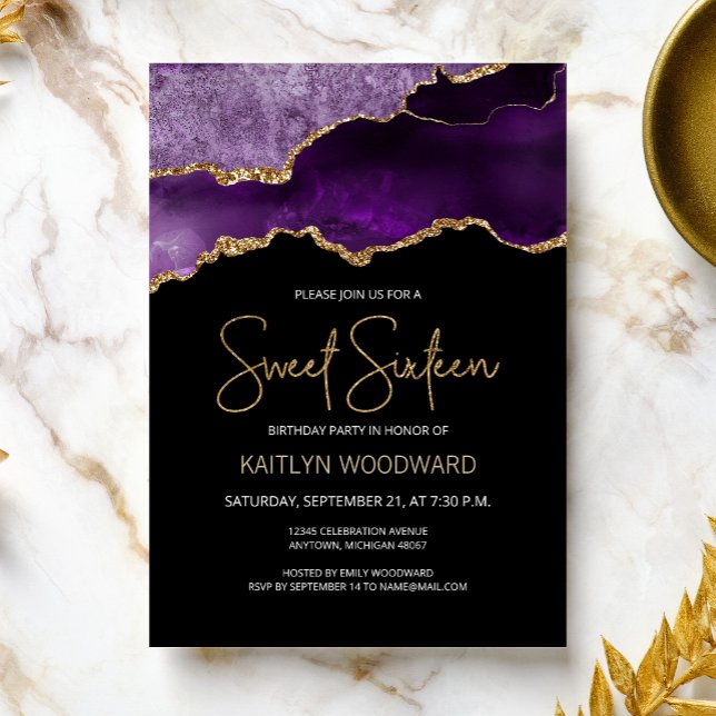 Invitación Fiesta de cumpleaños número 16 Agate Purple Gold D (Subido por el creador)