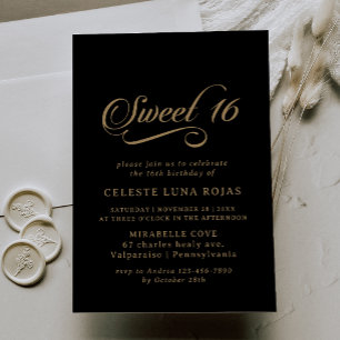 Invitación Fiesta de cumpleaños número 16 clásica de negro y 