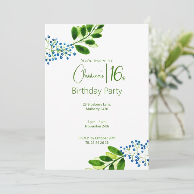 Invitación Fiesta de cumpleaños número 16 con acuarela nomeol (Anverso de pie)