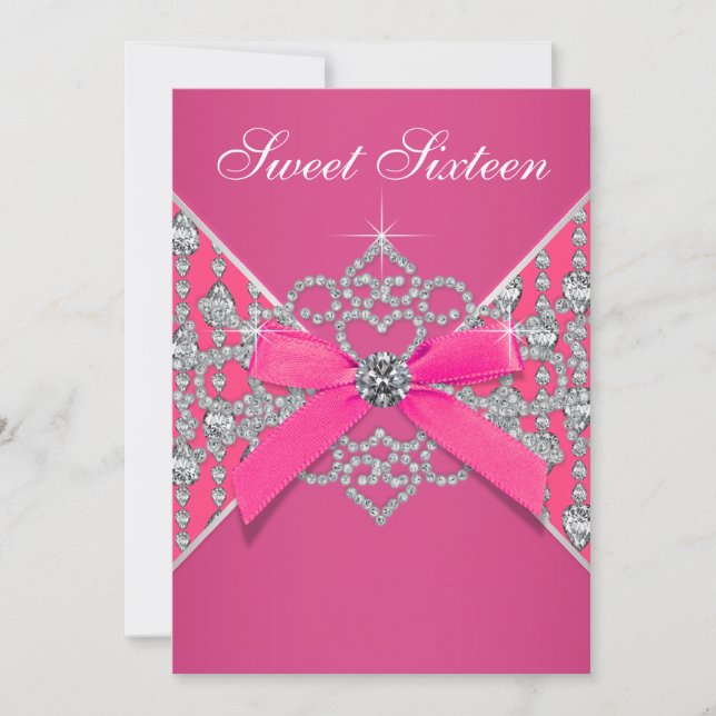 Invitación Fiesta de cumpleaños número 16 con diamantes rosa  (Anverso)