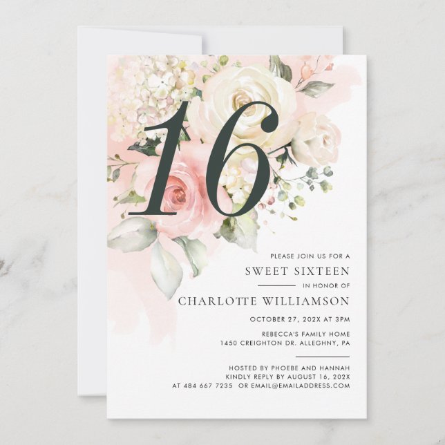 Invitación Fiesta de cumpleaños número 16 con estampado flora (Anverso)