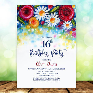 Invitación Fiesta de cumpleaños número 16 con flores colorida