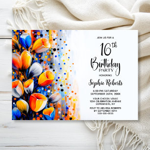 Invitación Fiesta de cumpleaños número 16 con flores naranjas