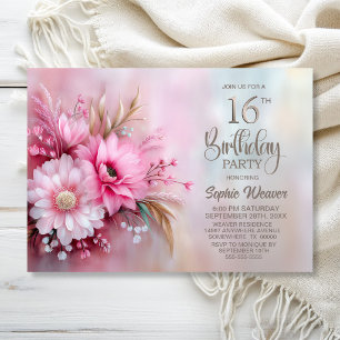 Invitación Fiesta de cumpleaños número 16 con flores rosadas 