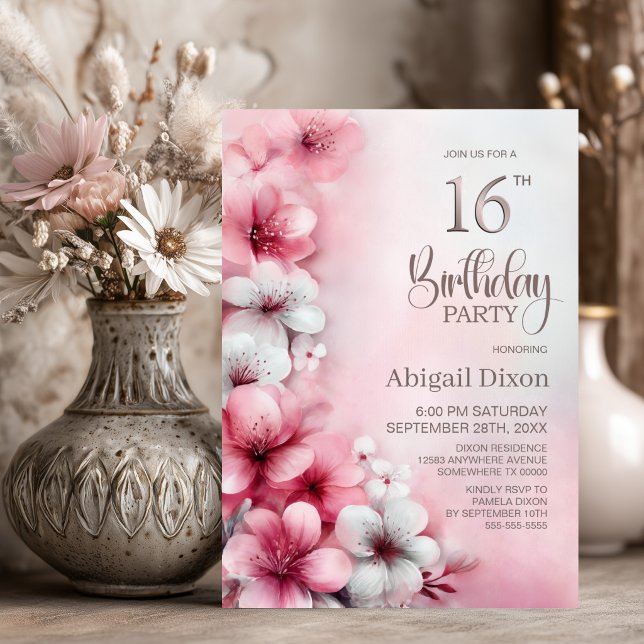 Invitación Fiesta de cumpleaños número 16 con flores rosas y  (Subido por el creador)