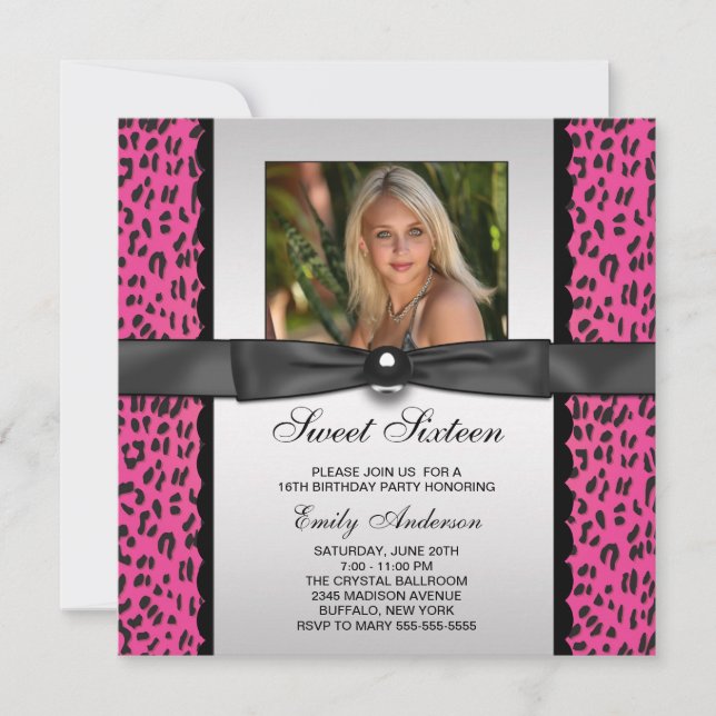 Invitación Fiesta de cumpleaños número 16 con foto de leopard (Anverso)