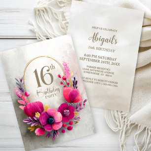 Invitación Fiesta de cumpleaños número 16 con tema floral ros