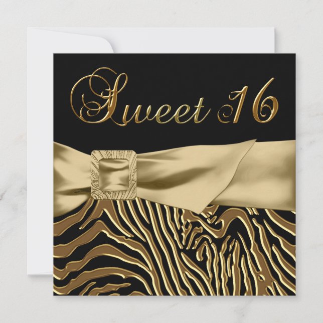 Invitación Fiesta de cumpleaños número 16 de Black Gold Zebra (Anverso)