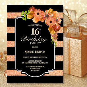 Invitación Fiesta de cumpleaños número 16 de Floral, Naranja 