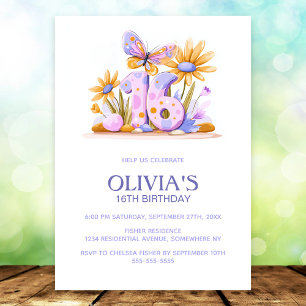 Invitación Fiesta de cumpleaños número 16 de mariposa floral