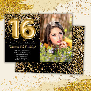 Invitación Fiesta de cumpleaños número 16 de niña en negro y 