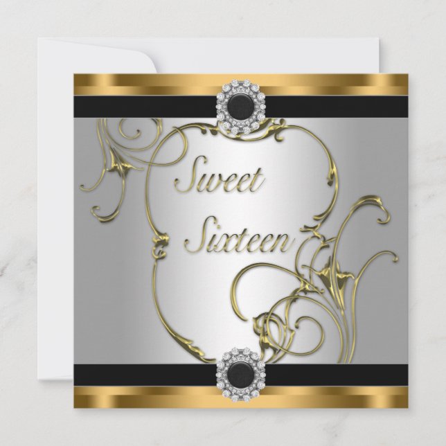 Invitación Fiesta de cumpleaños número 16 de Oro Negro Dulce (Anverso)