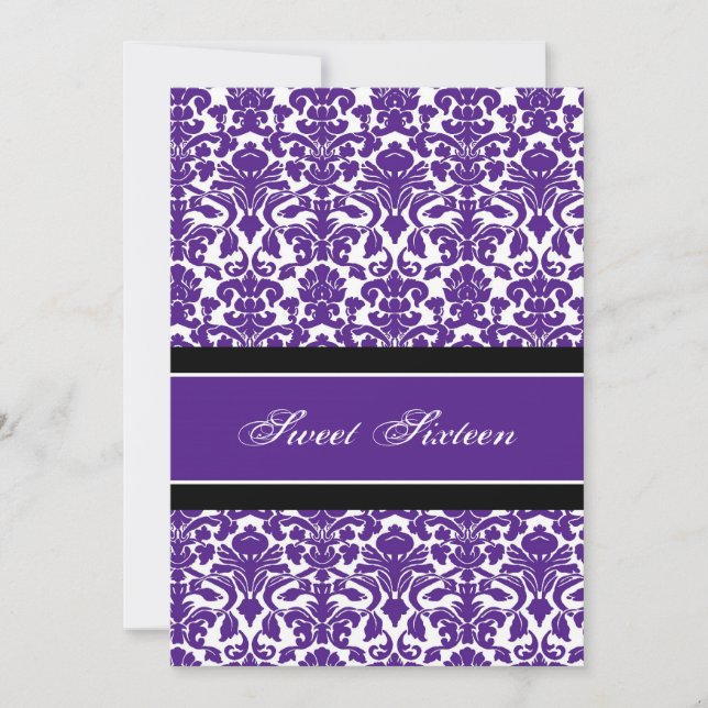 Invitación Fiesta de cumpleaños número 16 de Purple Damask (Anverso)