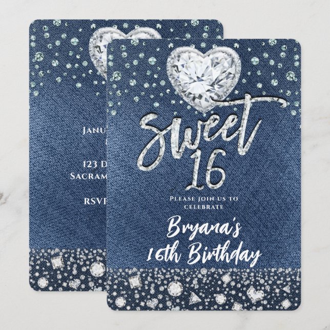 Invitación Fiesta de cumpleaños número 16 Dulce Denim & Bling (Anverso / Reverso)