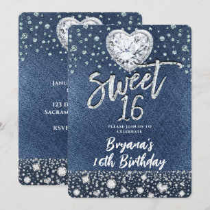 Invitación Fiesta de cumpleaños número 16 Dulce Denim & Bling