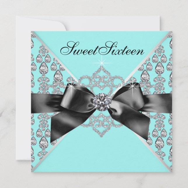 Invitación Fiesta de cumpleaños número 16 dulce diamantes azu (Anverso)