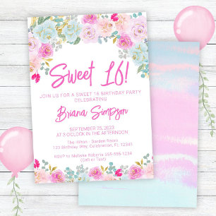 Invitación Fiesta de cumpleaños número 16 dulce floral rosa a