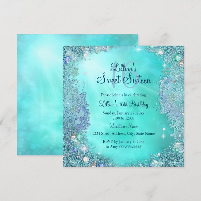 Invitación Fiesta de cumpleaños número 16 dulce joya del océa (Anverso / Reverso)