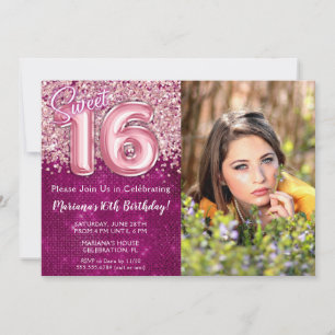 Invitación Fiesta de cumpleaños número 16 dulce magenta rosa 