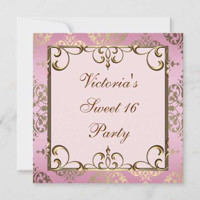 Invitación Fiesta de cumpleaños número 16 dulce oro rosa dama (Anverso)