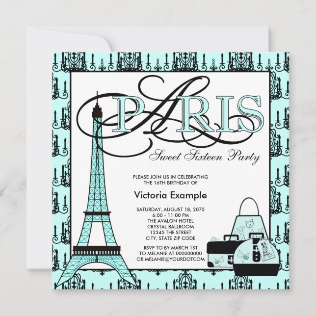 Invitación Fiesta de cumpleaños número 16 dulce París azul tu (Anverso)