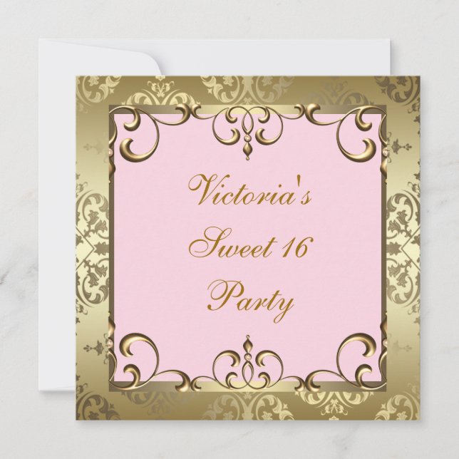 Invitación Fiesta de cumpleaños número 16 dulce rosa damasco  (Anverso)