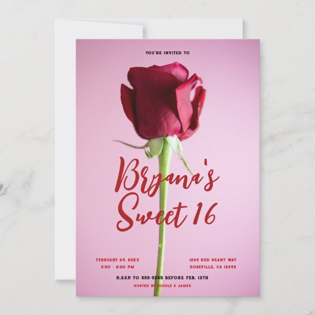 Invitación Fiesta de Cumpleaños número 16 Dulce Rosa Roja (Anverso)