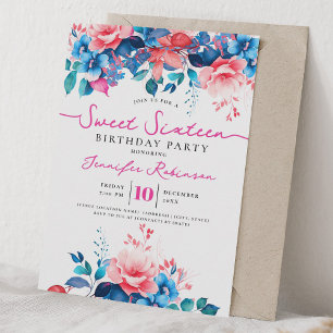 Invitación Fiesta de cumpleaños número 16 dulce y floral azul