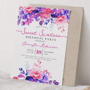 Invitación Fiesta de cumpleaños número 16 dulce y floral rosa
