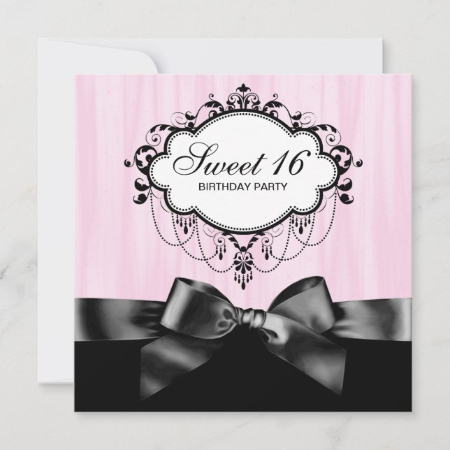 Invitación Fiesta de cumpleaños número 16 Dulces Rosada y Neg (Anverso)