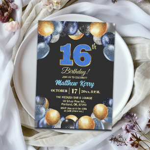 Invitación Fiesta de cumpleaños número 16 elegante azul plata