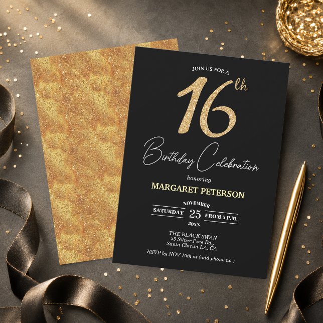 Invitación Fiesta de cumpleaños número 16 elegante negro dora (Subido por el creador)
