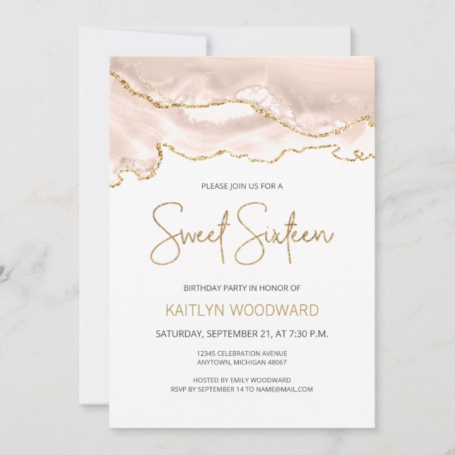 Invitación Fiesta de cumpleaños número 16 Ivory Gold Agate Sw (Anverso)