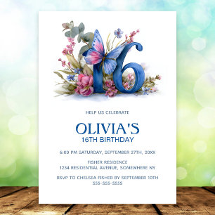 Invitación Fiesta de cumpleaños número 16 Mariposa Floral Azu