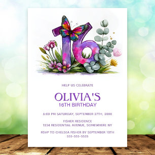 Invitación Fiesta de cumpleaños número 16 Mariposa Floral Ros