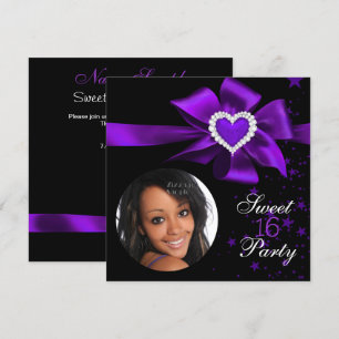 Invitación Fiesta de Cumpleaños Número 16 Morado Corazón Foto