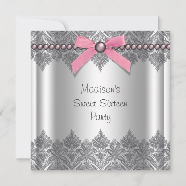 Invitación Fiesta de cumpleaños número 16 rosa gris (Anverso)