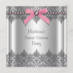 Invitación Fiesta de cumpleaños número 16 rosa gris