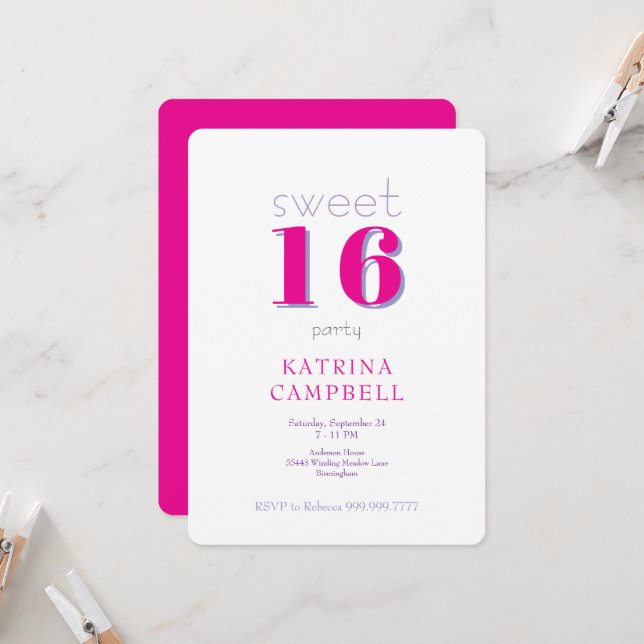 Invitación Fiesta de cumpleaños número 16 rosa intenso (Anverso/Reverso In Situ)