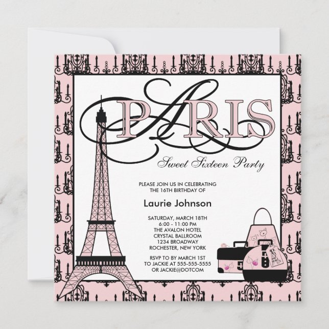 Invitación Fiesta de cumpleaños número 16 rosa negra París (Anverso)