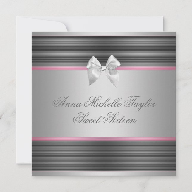 Invitación Fiesta de cumpleaños número 16 rosa negro plata (Anverso)