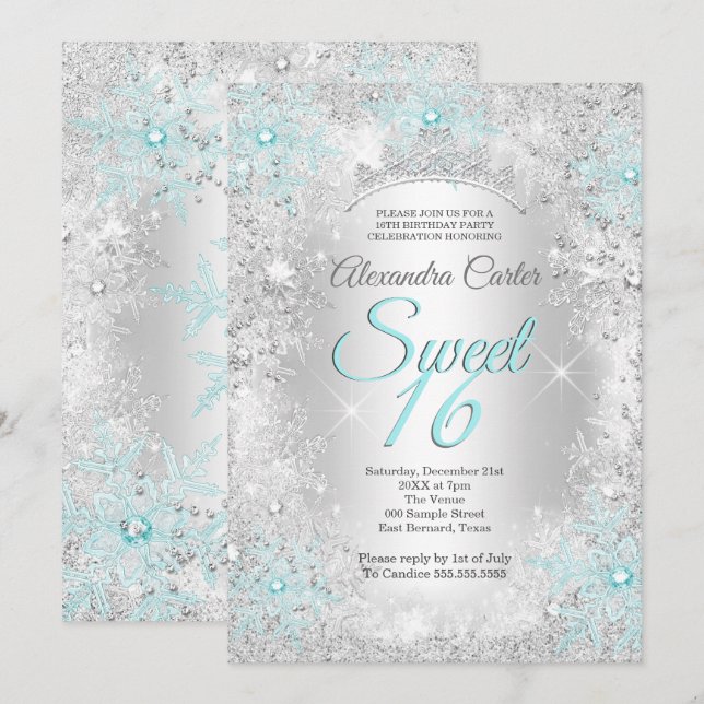 Invitación Fiesta de Cumpleaños número 16 Sweet 16 de copo de (Anverso / Reverso)