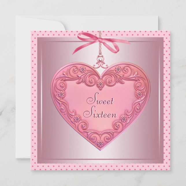 Invitación Fiesta de cumpleaños número 16 Sweet Pink Heart ro (Anverso)