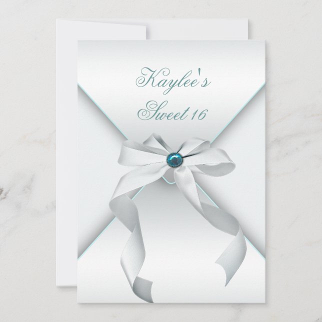Invitación Fiesta de cumpleaños número 16 Sweet White Teal (Anverso)